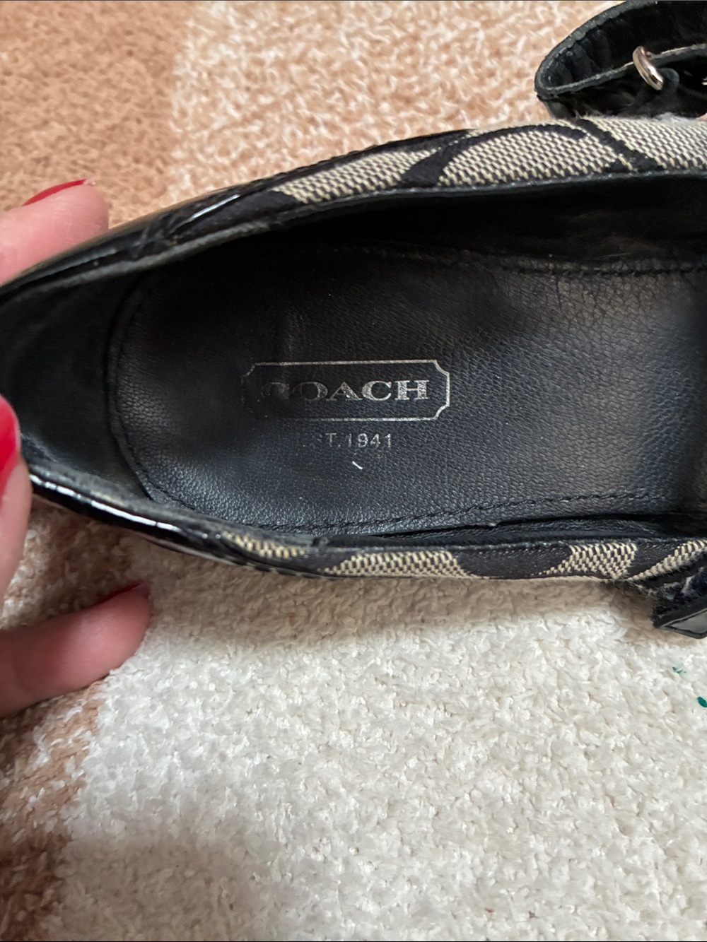 Coach Black Patent & Beige Signature Canvas Mary Jane Flats - Picture 3 of 14